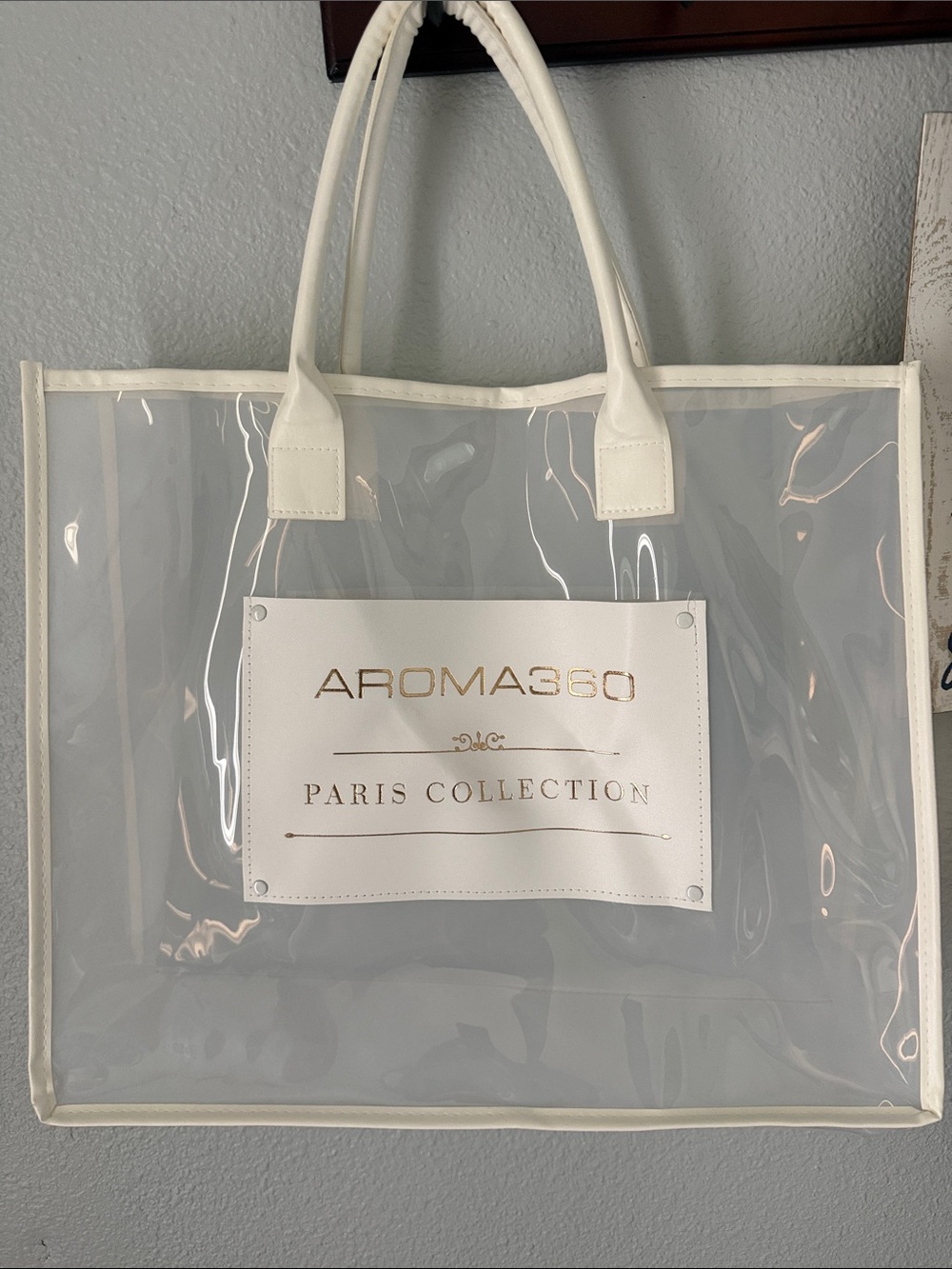 AROMA360 Paris Collection Clear PVC Tote Bag White Trim Resort Beach Travel